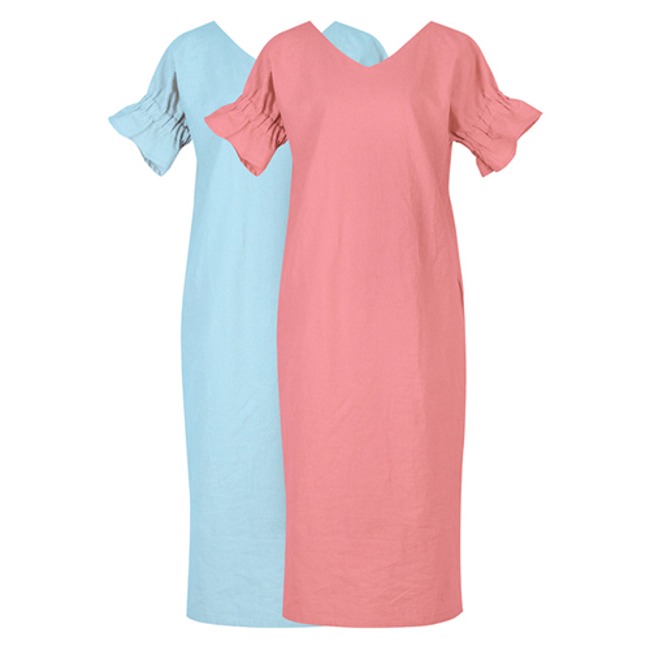  Linen ballon dress [Coral pink, Powder blue] 